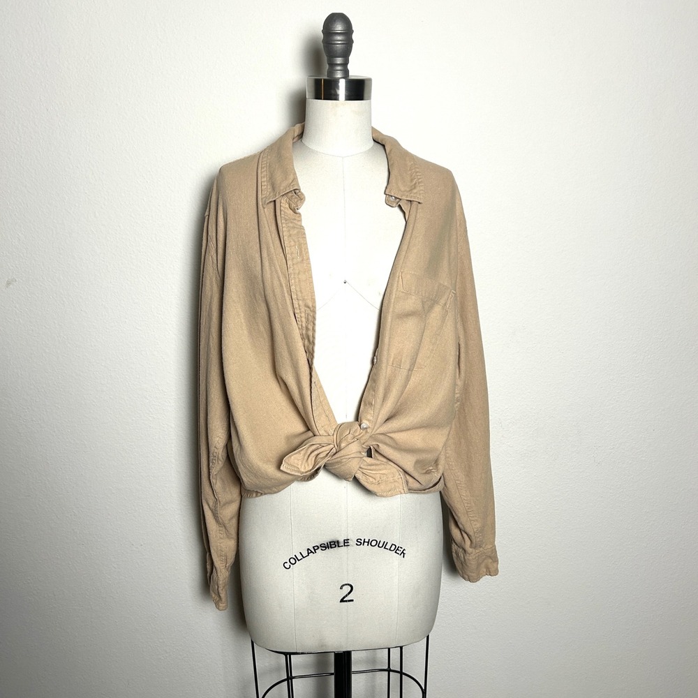 Khaki Linen Blend Oversized Minimalist Capsule Button Down Shirt Women M